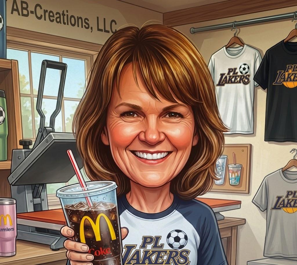 Illustration of Beth, owner of AB-Creations, smiling in her workshop with a heat press and PL Lakers shirts
